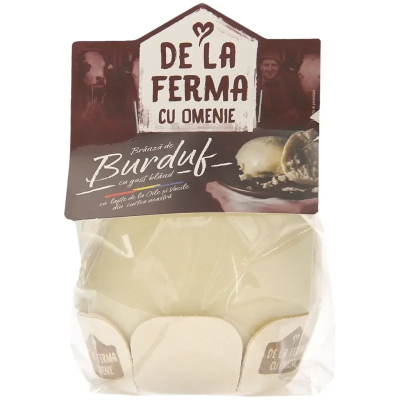 "Branza de Burduf" Traditioneller rumänischer Käse aus Käse aus pasteurisierter Kuhmilch und Käse aus pasteurisierter Schafsmilch. Halbfester Schnittkäse. Mindestens 45% Fett i. Tr.Mindestens 45% Fett i. Tr.