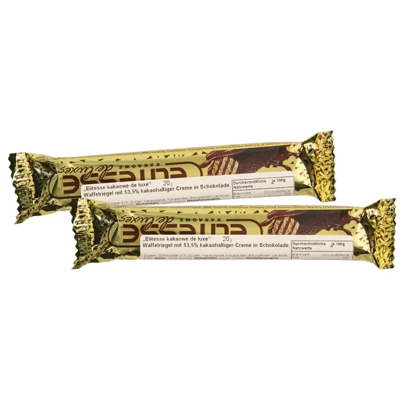 "Elitesse kakaowe de luxe" Waffelriegel mit 53,5% kakaohaltiger Creme in Schokolade.