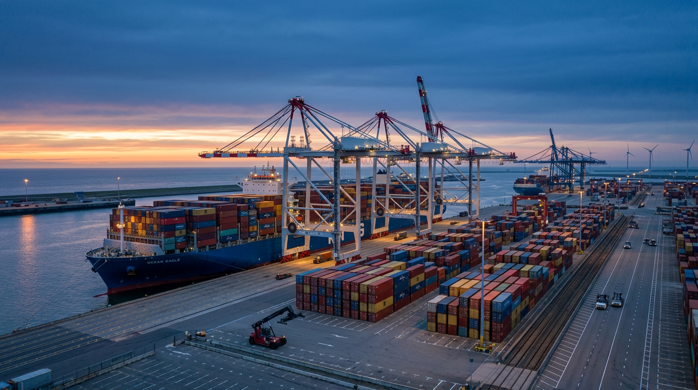 Containerterminal in einem europäischen Hafen bei Sonnenuntergang